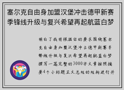 塞尔克自由身加盟汉堡冲击德甲新赛季锋线升级与复兴希望再起航蓝白梦